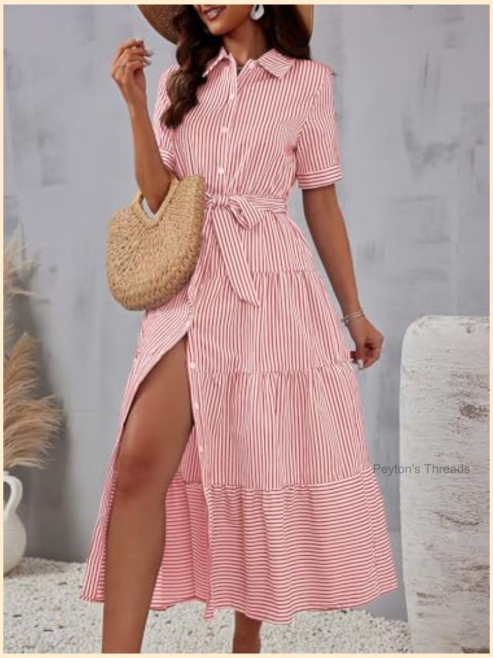 Women's Boho Striped Shirt Dress Button Down Belted Flowy A-Line Maxi Long Dress - Picture 5 of 5